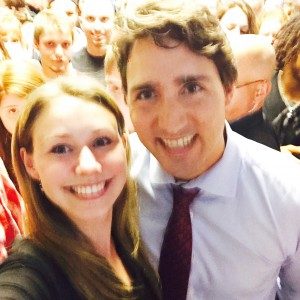 Kelly Watson, daughter of Peter Watson, takes a 'selfie' with Justin Trudeau during one of the federal Liberal leader's campaign visits to university campuses.